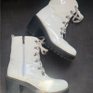 Elegant White Patent Lace-Up Boots